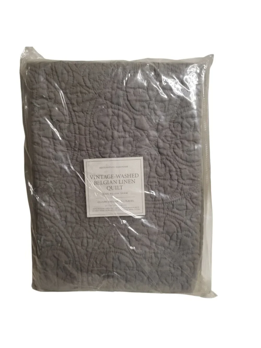 Restoration Hardware Vintage Washed Belgian Linen Quilted King Pillow Sham Fog